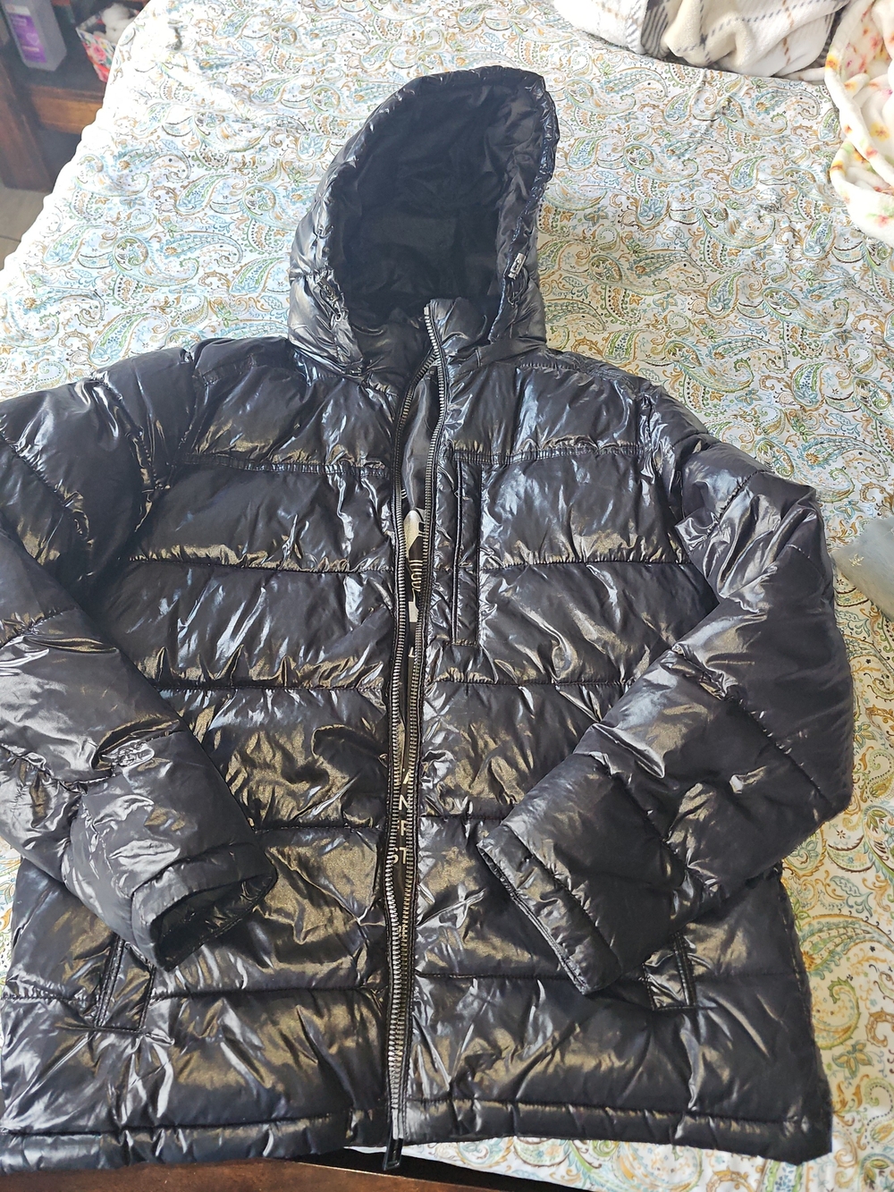 Michael Kors Glossy Black Hooded Puffer Jacket